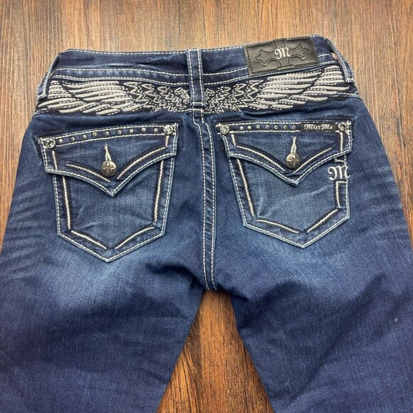 Miss Me Mid-Rise Boot Jeans Distressed Medium Wash Flap Pockets Size 25 - Picture 4 of 12